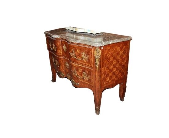 Superbo cassettone di inizio 1800 Francese stile Luigi XV in bois de rose con marmo e ricche applicazioni in bronzo dorato