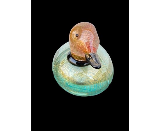 Submerged glass duck with gold leaf inclusions. LIP Murano signature.