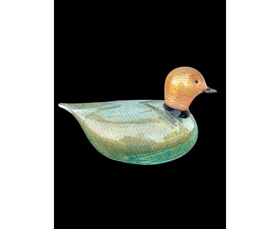 Submerged glass duck with gold leaf inclusions. LIP Murano signature.
