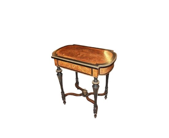 French Louis XVI style vanity in ebony and burr elm wood, richly inlaid