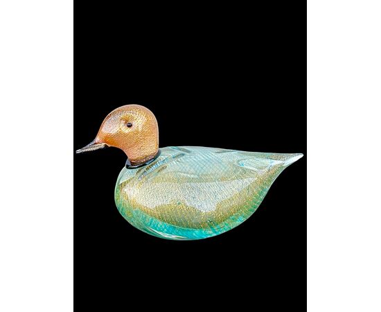 Submerged glass duck with gold leaf inclusions. LIP Murano signature.