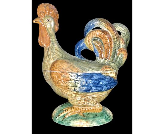 Majolica tureen in the shape of a rooster, Benucci e Latti manufactory of Pesaro