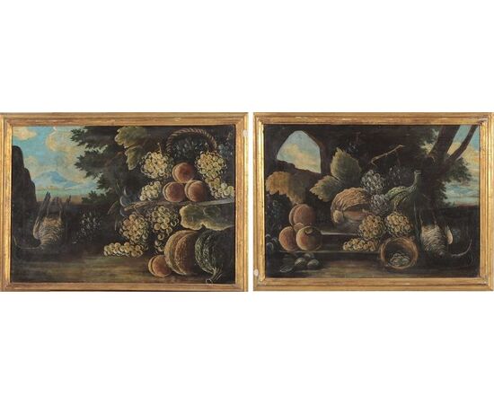 Pair of antique Italian oil on canvas paintings from the 1800s "Still Life"