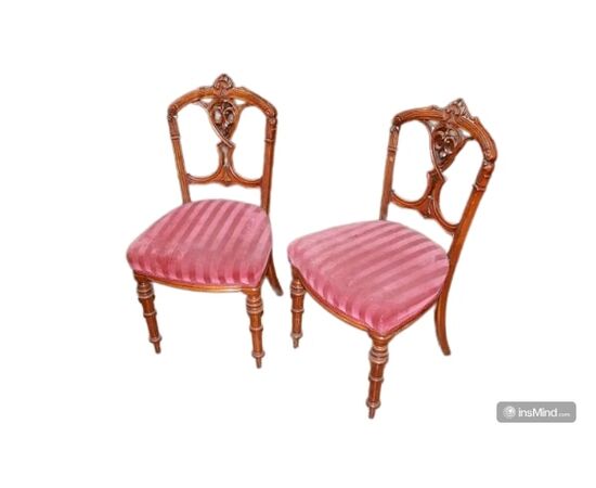 Set of 4 walnut wood chairs with carvings, 19th century, Victorian style
