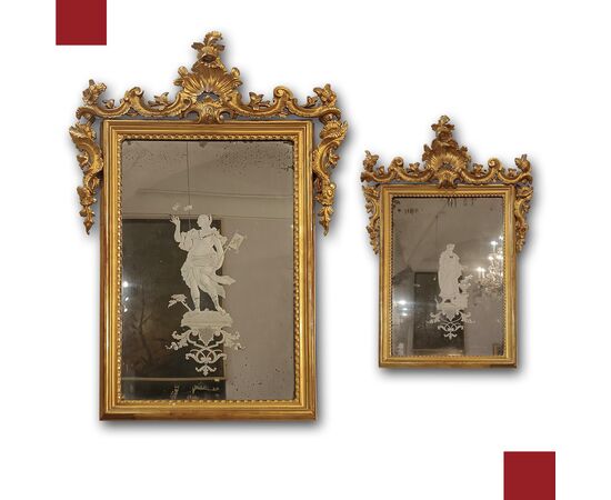 PAIR OF NEOCLASSICAL MIRRORS WITH ENGRAVED GLASS, LATE 18TH CENTURY