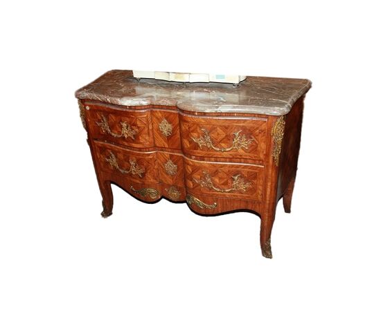 Superbo cassettone di inizio 1800 Francese stile Luigi XV in bois de rose con marmo e ricche applicazioni in bronzo dorato