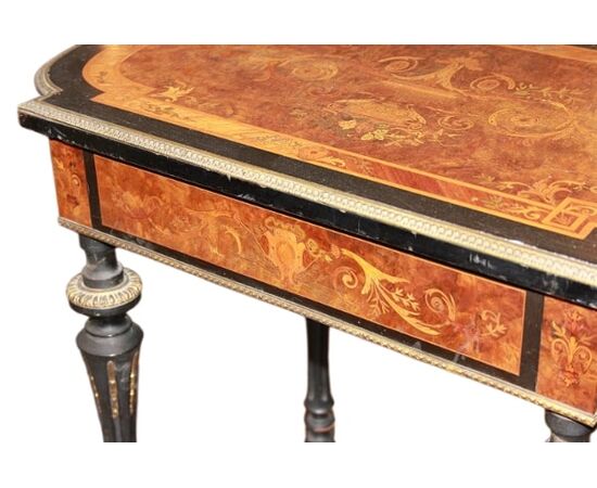 French Louis XVI style vanity in ebony and burr elm wood, richly inlaid