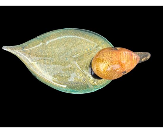 Submerged glass duck with gold leaf inclusions. LIP Murano signature.