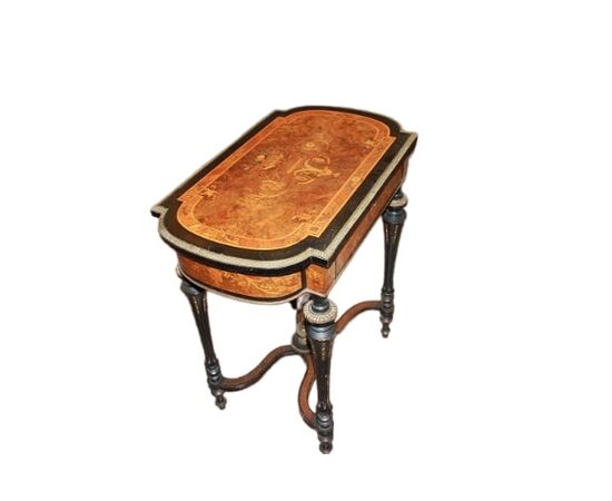 French Louis XVI style vanity in ebony and burr elm wood, richly inlaid