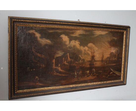 Dipinto Veduta portuale all ‘ Alba . Olio su tela XVII sec  Giovanni Grevenbroeck – Solfarolo . Mis 149 x 80