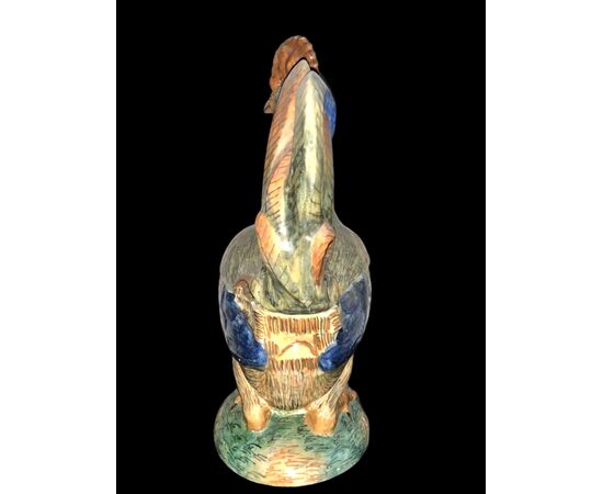 Majolica tureen in the shape of a rooster, Benucci e Latti manufactory of Pesaro