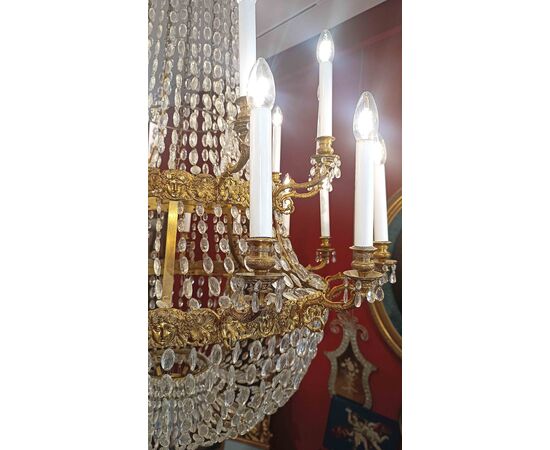 LARGE MID-19TH CENTURY GILDED BRONZE AND CRYSTAL BASKET CHANDELIER