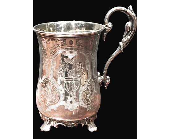 Silver tankard on four feet. Sheffield City hallmark, 1858.