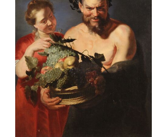 17th century antique Flemish painting, Faun with fruit basket and Bacchante