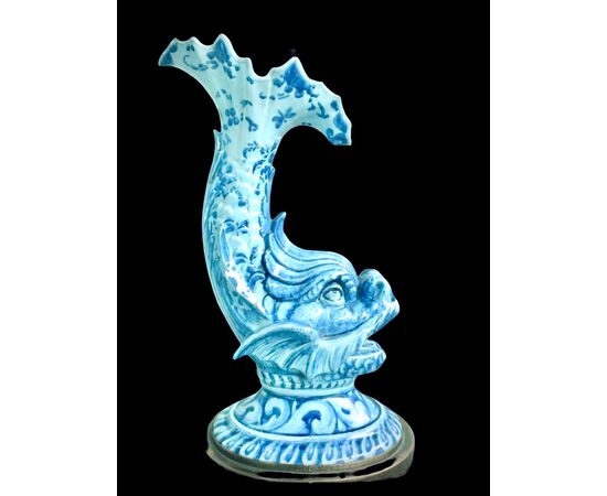 Majolica lamp depicting a mythological fish decorated in turquoise monochrome. Cantagalli Manufacture, Florence.