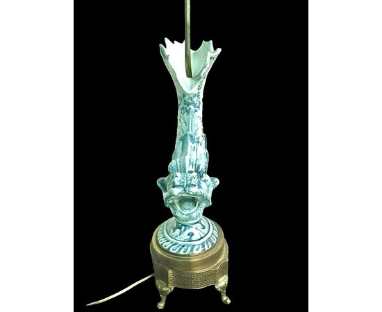 Majolica lamp depicting a mythological fish decorated in turquoise monochrome. Cantagalli Manufacture, Florence.