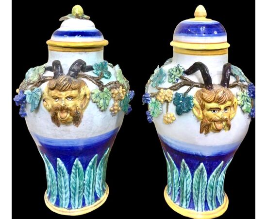 Pair of majolica vases with vine and plant motifs in relief. Imola manufacture.