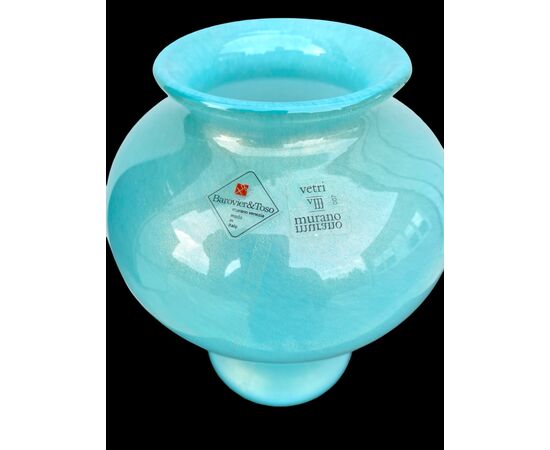 Globular vase in submerged blue glass with gold leaf. Barovier & Toso.