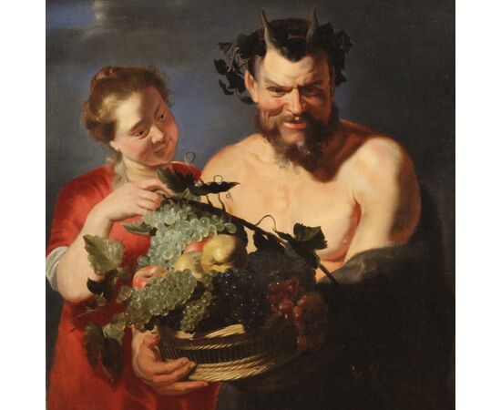 17th century antique Flemish painting, Faun with fruit basket and Bacchante
