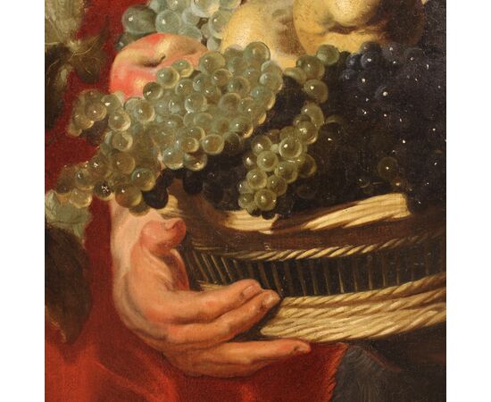 17th century antique Flemish painting, Faun with fruit basket and Bacchante