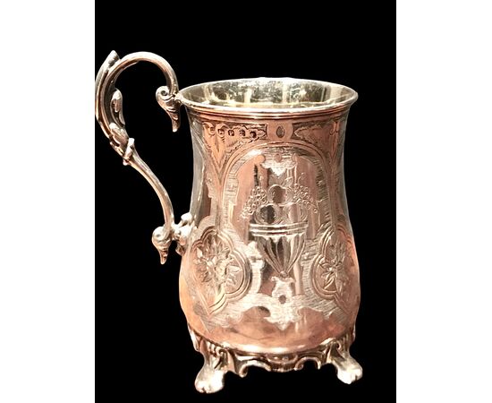 Silver tankard on four feet. Sheffield City hallmark, 1858.