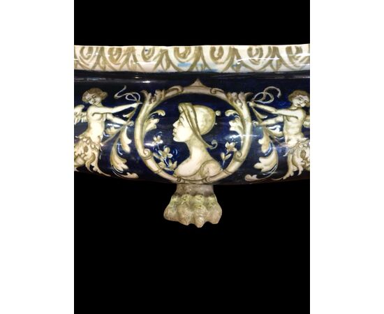 Majolica centerpiece decorated with grotesques, Molaroni Pesaro Manufacture.