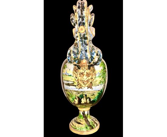 Majolica pouring vase with historical decoration. Minghetti, Bologna.