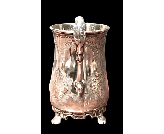 Silver tankard on four feet. Sheffield City hallmark, 1858.