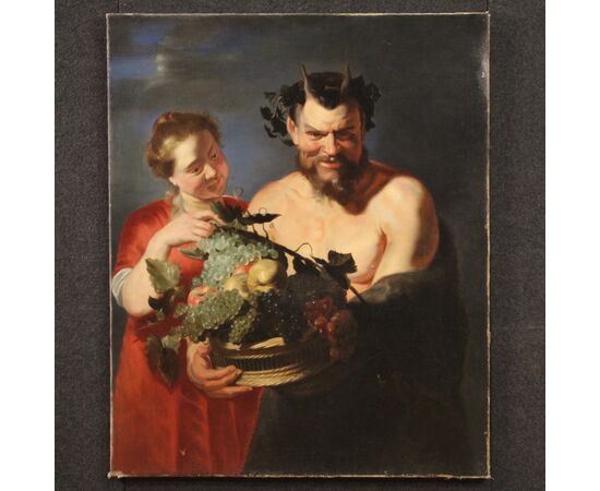 17th century antique Flemish painting, Faun with fruit basket and Bacchante