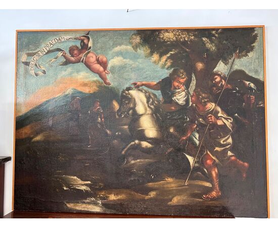 Scena biblica di caccia Scuola di Salvator Rosa olio su tela fine XVII secolo . 146 x 108