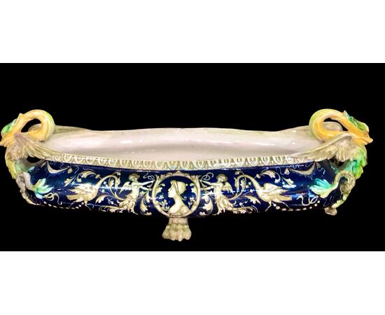 Majolica centerpiece decorated with grotesques, Molaroni Pesaro Manufacture.