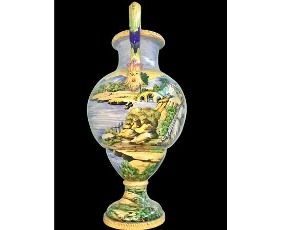 Large vase with mask handles and historiated decoration. S.A.C.A. Sesto Fiorentino manufacture.