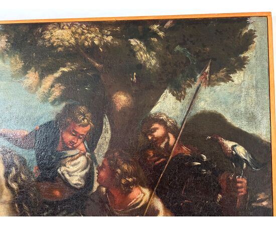 Scena biblica di caccia Scuola di Salvator Rosa olio su tela fine XVII secolo . 146 x 108