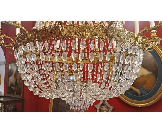 LARGE MID-19TH CENTURY GILDED BRONZE AND CRYSTAL BASKET CHANDELIER