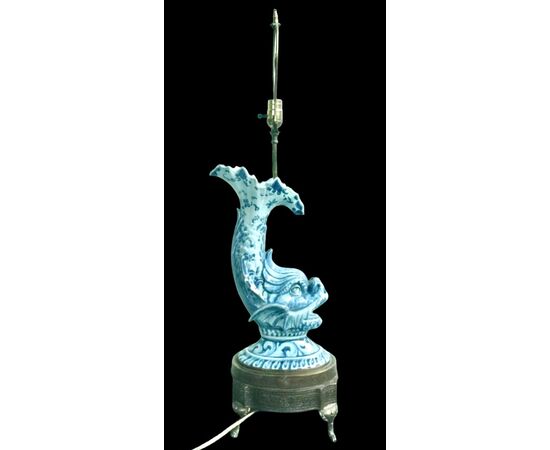 Majolica lamp depicting a mythological fish decorated in turquoise monochrome. Cantagalli Manufacture, Florence.