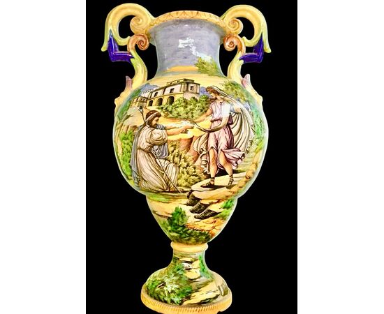 Large vase with mask handles and historiated decoration. S.A.C.A. Sesto Fiorentino manufacture.