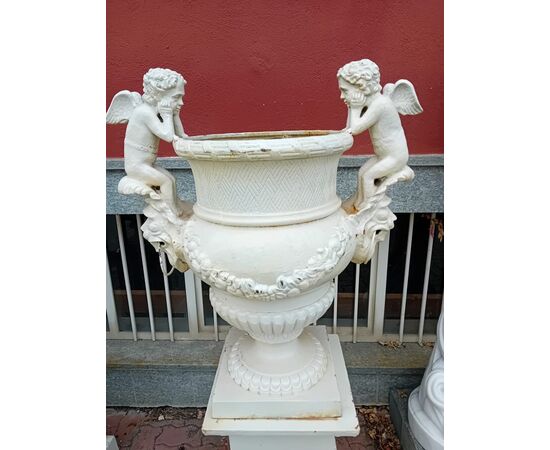 Pair of cast iron vases with Art Nouveau pedestal