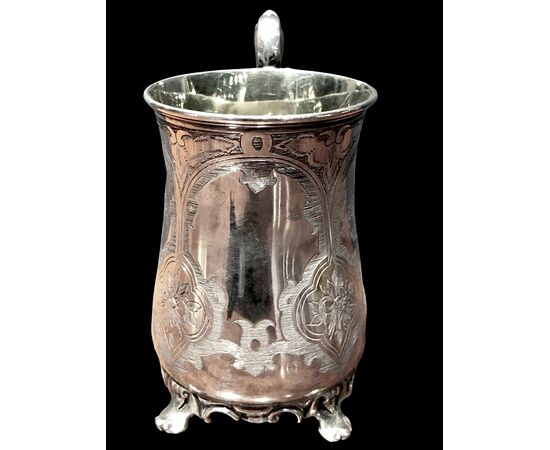 Silver tankard on four feet. Sheffield City hallmark, 1858.