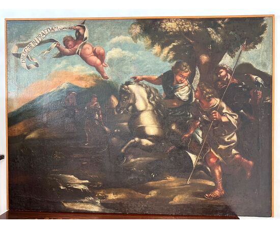 Scena biblica di caccia Scuola di Salvator Rosa olio su tela fine XVII secolo . 146 x 108