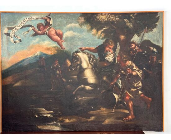 Scena biblica di caccia Scuola di Salvator Rosa olio su tela fine XVII secolo . 146 x 108