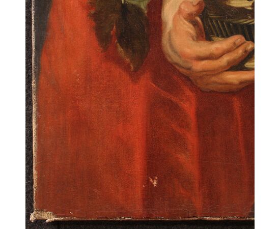 17th century antique Flemish painting, Faun with fruit basket and Bacchante