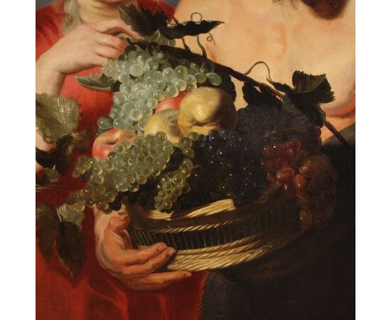 17th century antique Flemish painting, Faun with fruit basket and Bacchante