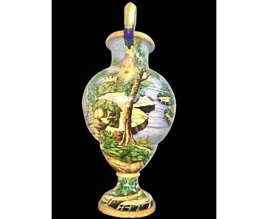 Large vase with mask handles and historiated decoration. S.A.C.A. Sesto Fiorentino manufacture.