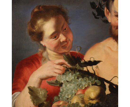 17th century antique Flemish painting, Faun with fruit basket and Bacchante