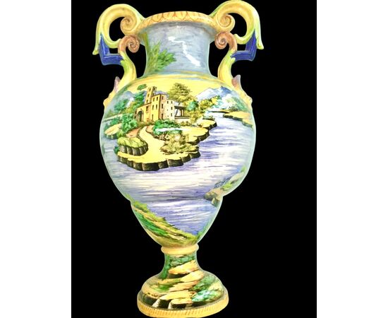 Large vase with mask handles and historiated decoration. S.A.C.A. Sesto Fiorentino manufacture.