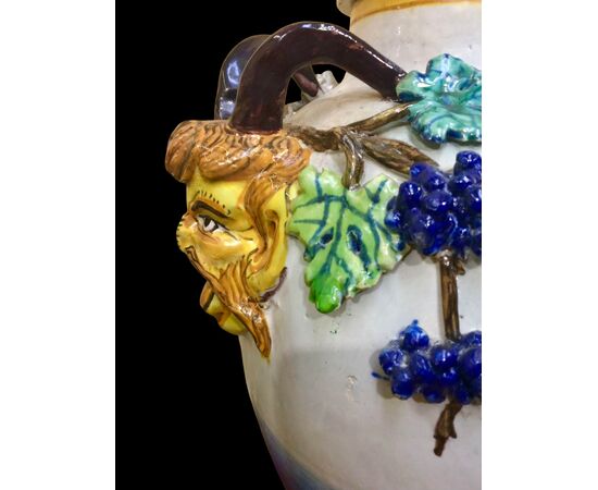 Pair of majolica vases with vine and plant motifs in relief. Imola manufacture.