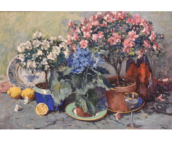 DIPINTI ANTICHI CON FIORI DI ROSE E AZALEE, NATURE MORTE, OLIO SU TELA, INIZIO NOVECENTO, ART DECO. (QF682)   
