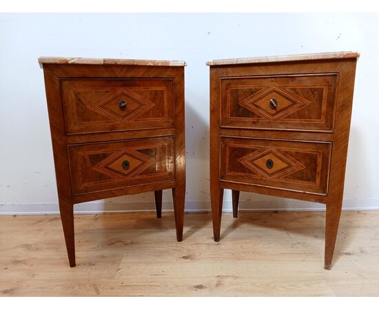 Pair of inlaid Directoire bedside tables - marble top - small cabinet - 18th century/1700s