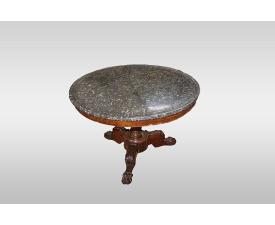 1800s Carlo X mahogany coffee table with marble top and lion's paw feet