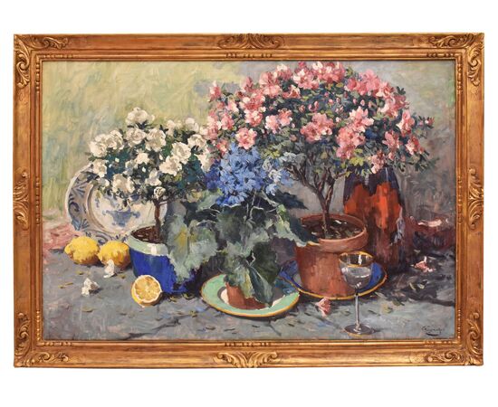 DIPINTI ANTICHI CON FIORI DI ROSE E AZALEE, NATURE MORTE, OLIO SU TELA, INIZIO NOVECENTO, ART DECO. (QF682)   